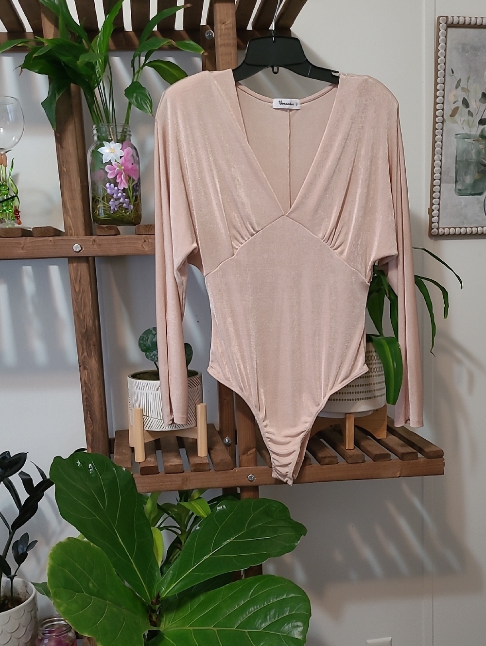 Champagne Shimmer Bodysuit with Dolman Sleeves and Shoulder Pads
